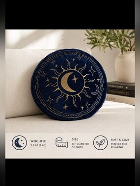 Weighted Tarot Moon Celestial Round Throw Pillow 13” Navy Blue Gold